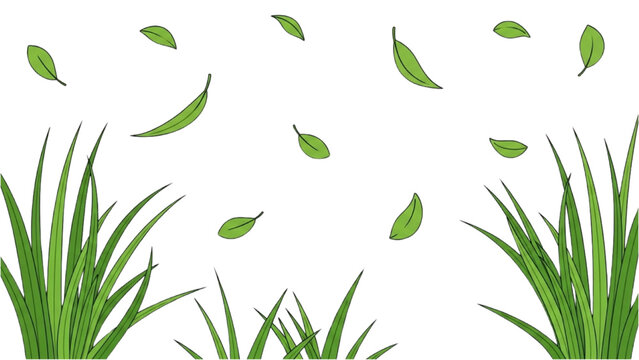 Green leaves and grass blades falling gently in the air