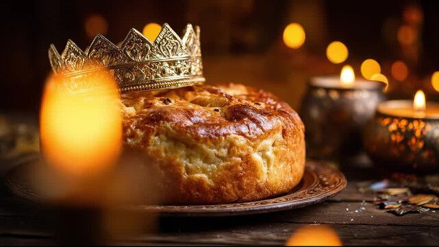 King cake with golden crown celebrating Epiphany holiday