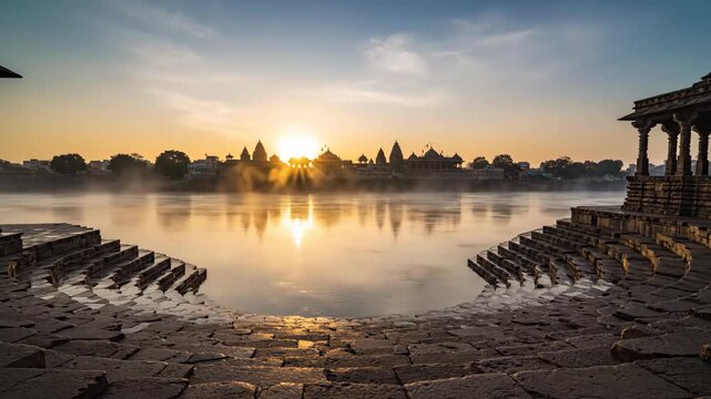 Serene Early Morning View of the Ganges River at Haridwar During Dussehra Festival with Ancient Temples and Reflections
