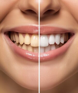 Close-up photo comparing yellowed, stained teeth before a dental procedure with bright white, perfect teeth after professional cosmetic treatment.