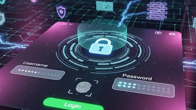 Secure login interface with biometric authentication and glowing padlock