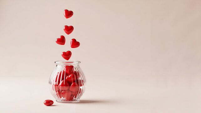 Red heart candies falling into a glass jar on neutral background  