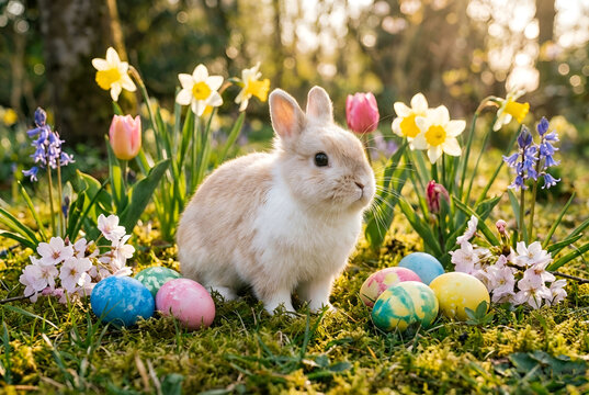 Cute Easter Bunny with Colorful Eggs in Spring Garden