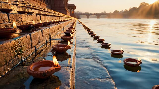 Sunset at the Ganges River in Haridwar During Dussehra Festival with Ritual Lamps and Holy Ghat