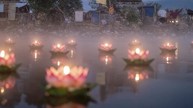 Serene Lotus Blooms Illuminated by Candles in Misty Water at Dusk