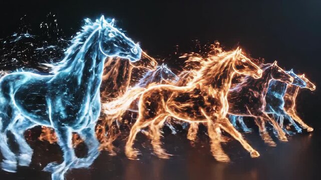 Dynamic Neon Light Art of Galloping Horses with Illuminated Manes and Tails in Motion  Artistic Digital Illustration for Creative and Fantasy Themes