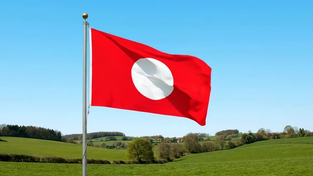 Red flag with white circle waving in green rural landscape