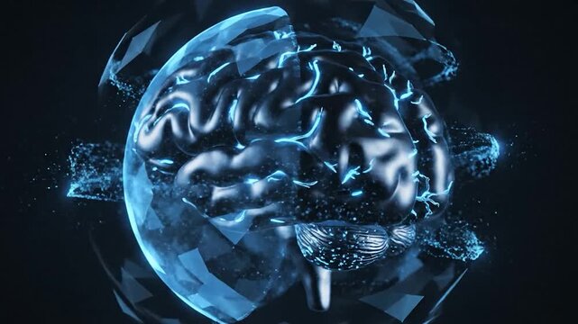 Glowing blue brain inside a geometric sphere against a dark background