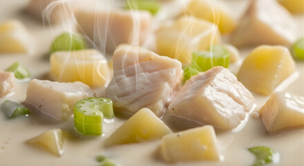 Close-up of a creamy soup with chunks of chicken, potatoes, and celery in a shallow focus shot with warm, comforting tones.