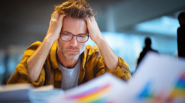 Overwhelmed: The weight of stress manifests on a man's face, hands clasped to his temples, as he grapples with the complexity of paperwork.