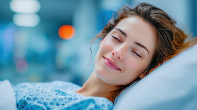  Serene Recovery: A patient finds peace, resting comfortably in a soft bed. Her eyes are gently closed, and a subtle smile graces her face as she dreams, wrapped in a blanket of calm.