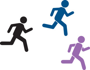 Three stylized human figures in different colors are depicted running