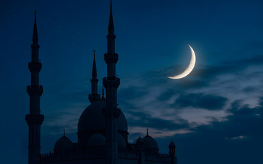 Fototapeta premium Silhouette of mosque with multiple minarets and domes against a dark, cloudy night sky with a vibrant crescent moon, evoking a sense of mystery