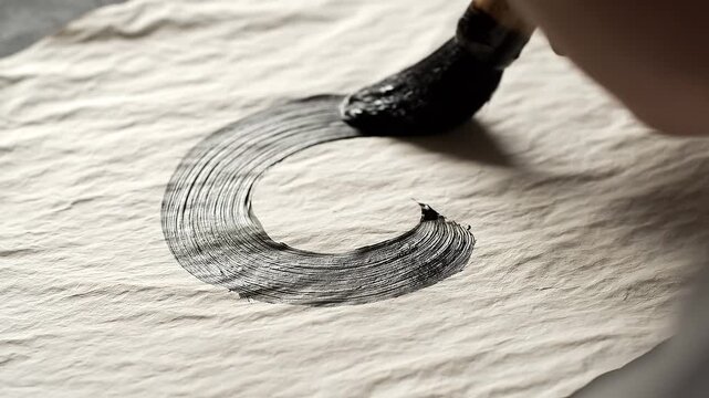 Hand painting a black circular stroke on textured paper