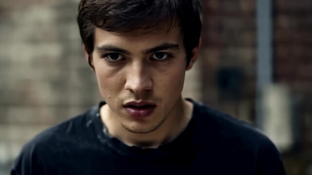 A young man displays a serious expression across multiple close-up frames. The background features urban elements