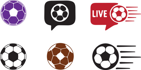Collection of soccer ball icons in various colors and styles including a live broadcast