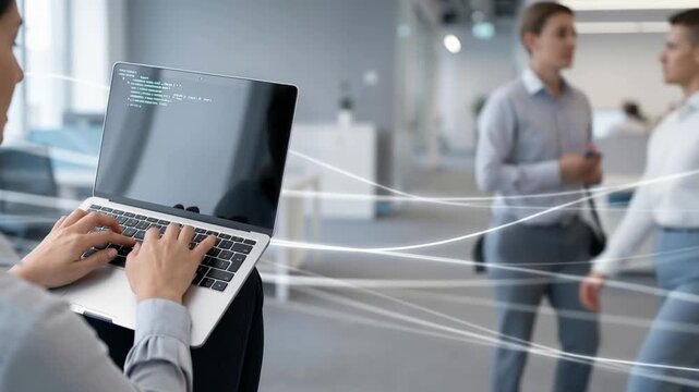 Individuals engage in tasks in a modern office setting. One person types on a laptop displaying code, while others move about the workspace.