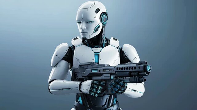 Futuristic robot holding advanced weapon in modern warfare setting.