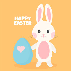 Happy Easter! Easter card with a cute white bunny and egg on an orange background. April 5, 2026. Vector image.