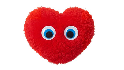 Fototapeta premium A red, fuzzy heart-shaped object with googly eyes on a transparent background viewed from the front