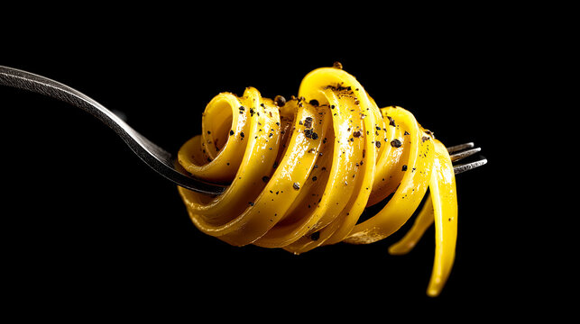 Extreme close-up of spaghetti pasta swirled on a fork with black pepper - Minimalist gourmet food photography on a black background