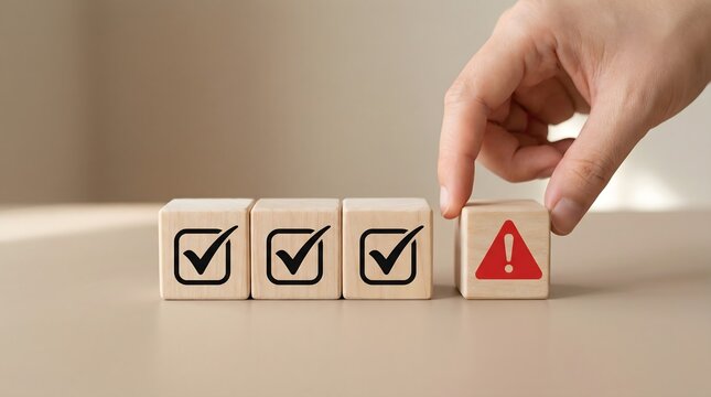 Hand placing warning block among checkmarks