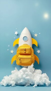 A yellow school backpack crafted as a rocket launching into a clear blue sky surrounded by white clouds and stars for back to school education and learning dreams. Vertical video.