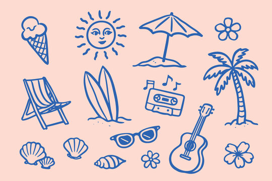 Summer beach vacation doodle icons vector illustration