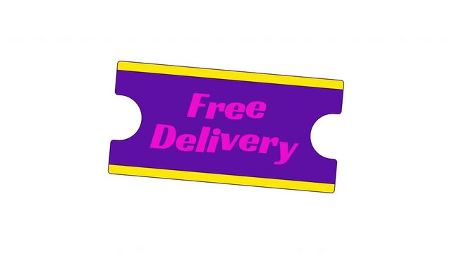 Free delivery in ticket shape retro sticker animated loop. Shipping offer. Online shopping deal. Voucher. Badge label animation. Social media reels overlay. 4K video element. Playful motion graphic