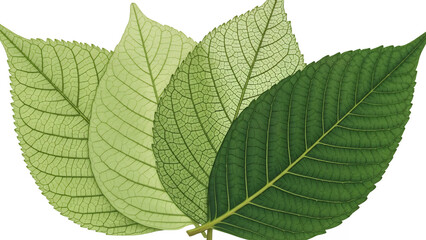 Fototapeta premium Four leaves in various shades of green on a transparent background viewed from directly above.