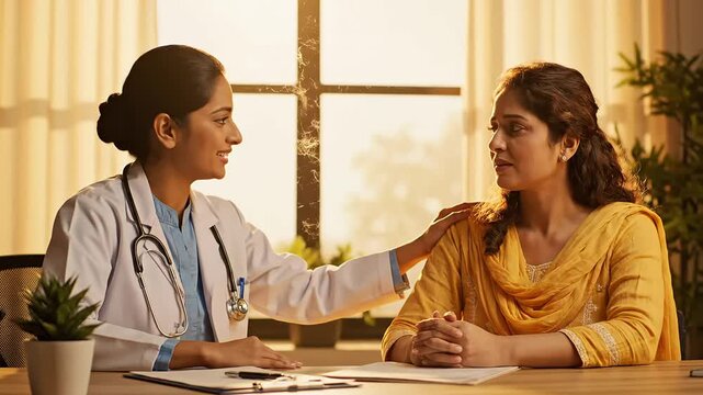 Compassionate indian female doctor comforting patient during medical consultation in professional clinic setting