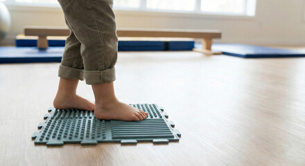 Child's bare feet walking on textured sensory orthopedic mat for flat feet prevention and posture correction