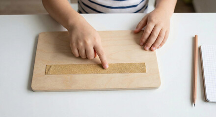 Child's finger tracing textured line on wooden board, sensory preparation for writing and pre-writing skills