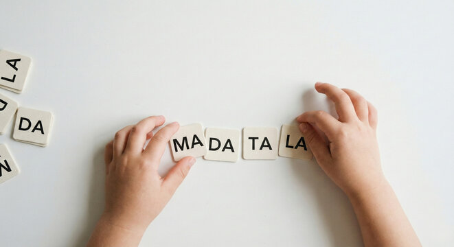 Child's hands arranging syllable letter cards on white background, early literacy and reading development