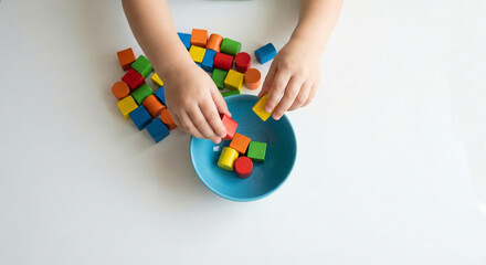 Child's hands sorting colorful wooden blocks into a blue bowl on white background with copy space