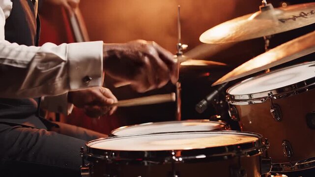 Close-up of a drummer playing jazz with drum set scene