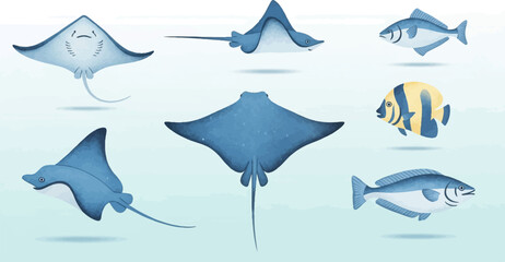 Whimsical watercolor illustration of various aquatic creatures swimming in gentle blue water