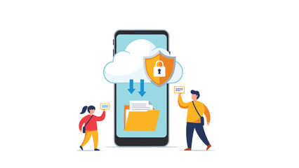 Fototapeta premium Two people managing digital data by downloading and uploading files from a cloud-secured smartphone with a shield and padlock icon.
