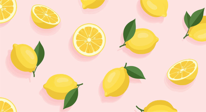 Vibrant yellow lemons with green leaves scattered across a soft pink background
