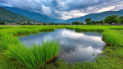 Fototapeta premium Minimal natural landscape featuring overcast sky over wide marshland with reflective puddles, wide open space with soft natural light, blurred background elements like distant mountains or ocean