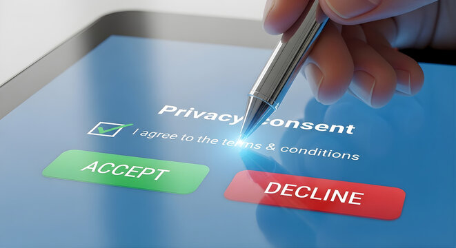 A hand uses a stylus to select the i agree checkbox on a digital privacy consent form displayed on a tablet screen