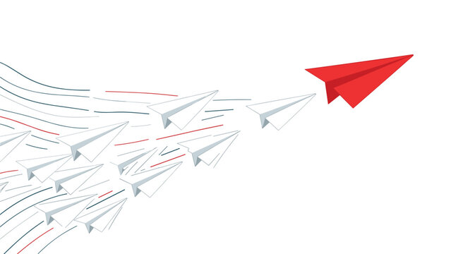 Leadership and vision concept showing one red paper airplane leading group of white paper airplanes across white background with trail lines.
