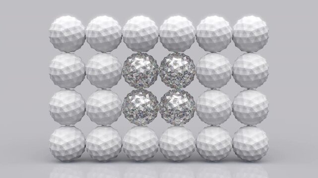 Abstract wall of many white and in the middle gem polygonal balls grey gradient background, Balance, gravity, one of a kind, exception concept, Matrix of geometric polygonal balls shapes
