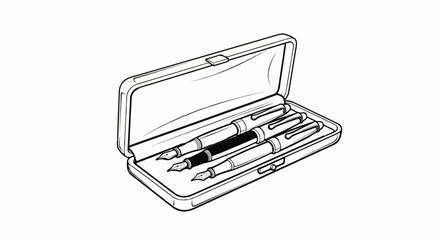 Three fountain pens in a metal case, drawn in a simple line art style