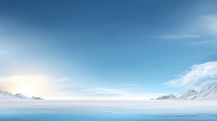 Fototapeta premium Minimal natural landscape featuring winter sunset over frozen lake with soft snow texture, wide open space with soft natural light, blurred background elements like distant mountains or ocean