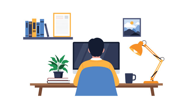 Back view of a person sitting at a home office desk with a computer, plants, books, and a lamp in a cozy tidy room.