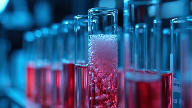 Row of test tubes with pink and clear liquids in a lab setting