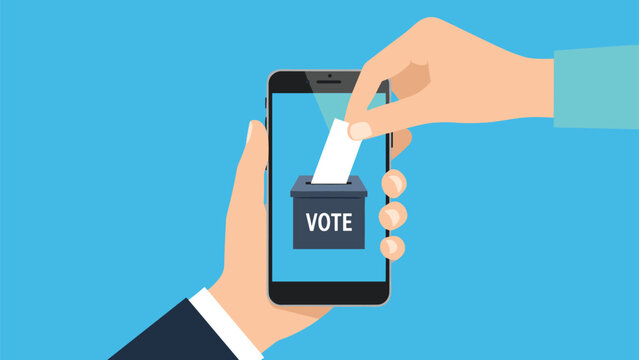 Person uses a mobile phone to cast a digital vote by inserting a paper ballot into a virtual box on the smartphone screen.