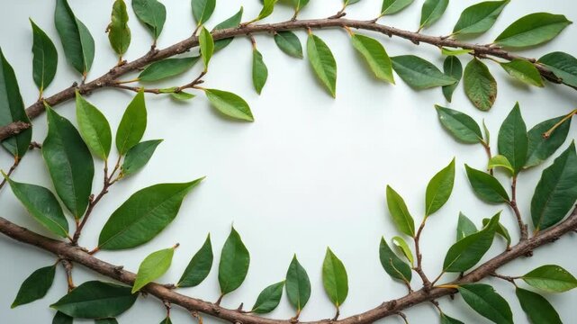 Natural green leaves and branches arranged in a creative oval frame on a white background. Perfect for eco-friendly, botanical, or nature-themed designs and backgrounds.