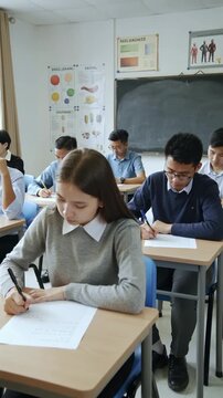 Students focused on writing an exam in a bright classroom setting, vertical shot